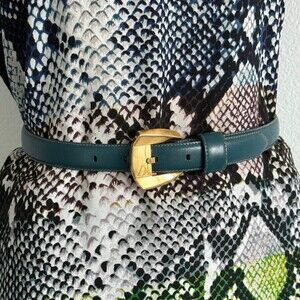 Vintage 80s Liz Claiborne Gold Buckle Teal Belt S Fullgrain Semi Aniline Leather